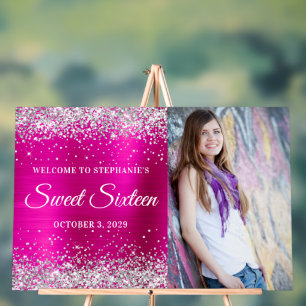 Panneau En Acrylique Bienvenue Sweet Sixteen Pailleté Rose Chaud
