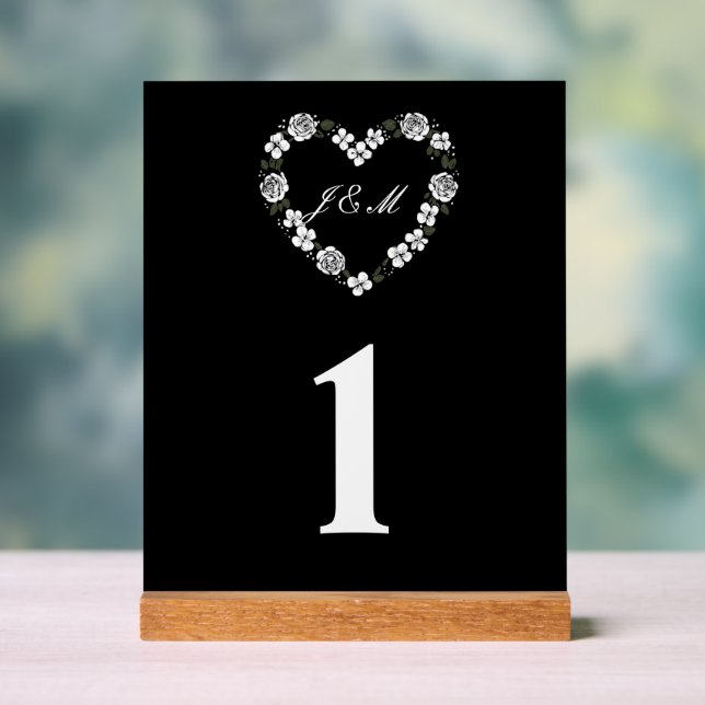 Panneau En Acrylique  Black and White Floral Heart Acrylic Wedding (Neutre)