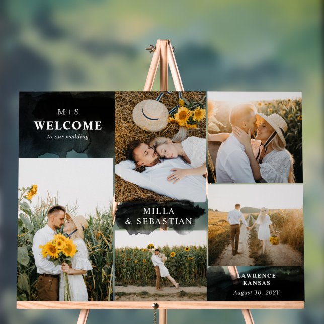 Panneau En Acrylique Black Clean Modernes Initiales & 5 Photos Bienvenu (Neutre)