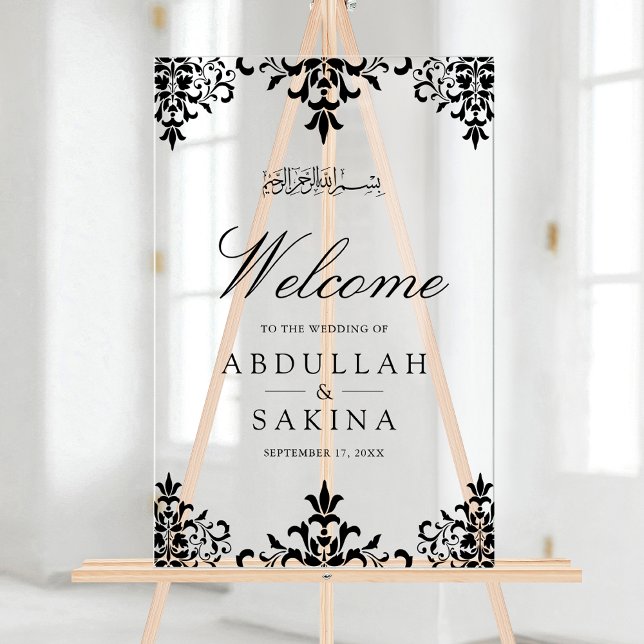 Panneau En Acrylique Black Damask Muslim Wedding Welcome (Créateur téléchargé)
