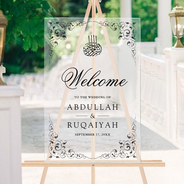 Panneau En Acrylique Black Swirl Frame Muslim Wedding Welcome Frosted (Créateur téléchargé)