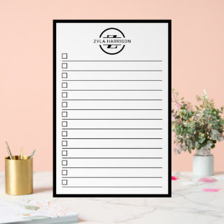 Panneau En Acrylique Black White Monogram Name To Do List Dry Erase