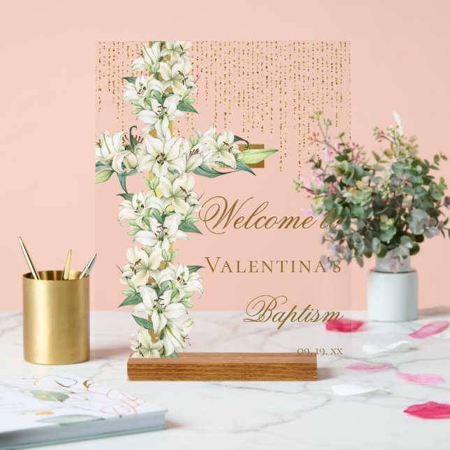 Panneau En Acrylique Blanc Lily Floral Gold Cross Baptême Bienvenue (Mariage)
