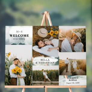 Panneau En Acrylique Blanc Nettoyer Moderne Initiales & 5 Photos Bienve