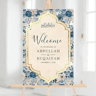 Panneau En Acrylique Bleu Crème Floral Or Musulman Mariage Bienvenue