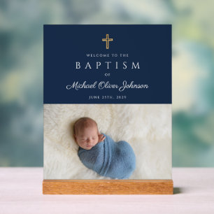 Panneau En Acrylique Bleu élégant Croix religieuse Boy Baptême Bienvenu