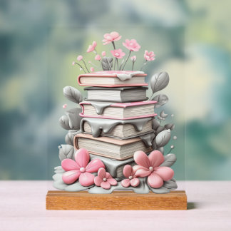 Panneau En Acrylique Bloemen met boeken - Acrylic Sign met blok