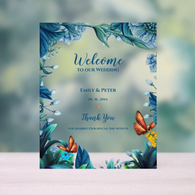 Panneau En Acrylique Blue Botanical Butterfly Welcome To Our Wedding (Neutre)
