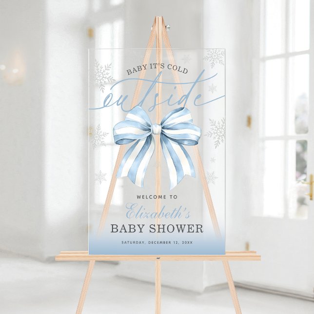 Panneau En Acrylique Blue Bow Baby Son Froid À L'Extérieur Baby shower  (Blue Bow Baby Its Cold Outside Baby Shower Welcome Acrylic Sign)