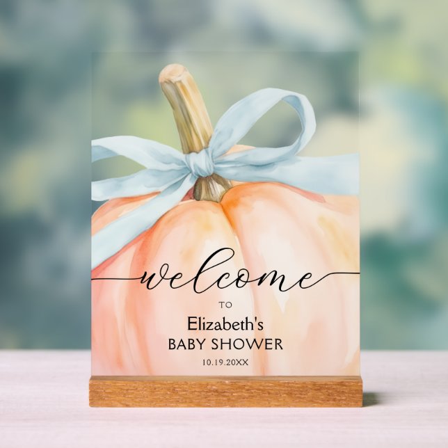 Panneau En Acrylique Blue Bow Little Citrouille Baby shower Bienvenue (Neutre)