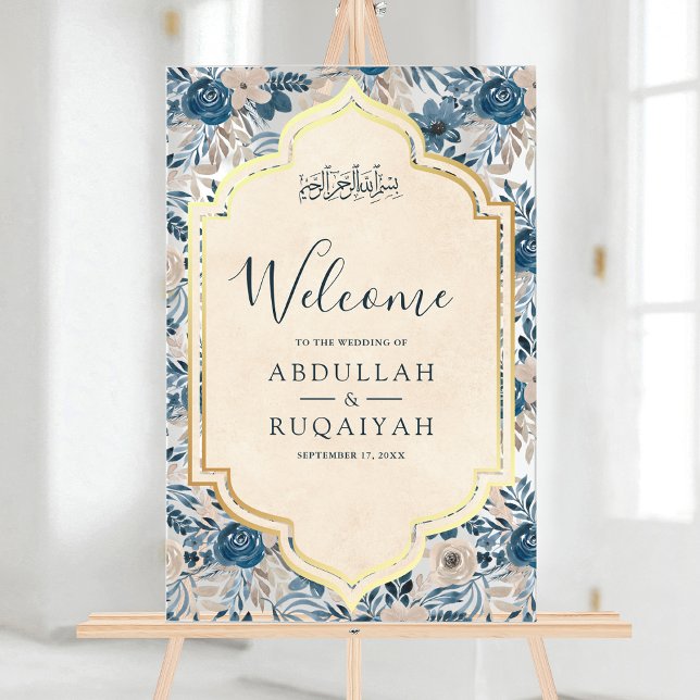 Panneau En Acrylique Blue Cream Floral Gold Muslim Wedding Welcome (Créateur téléchargé)