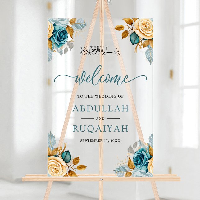 Panneau En Acrylique Blue Cream Floral Muslim Wedding Welcome (Créateur téléchargé)