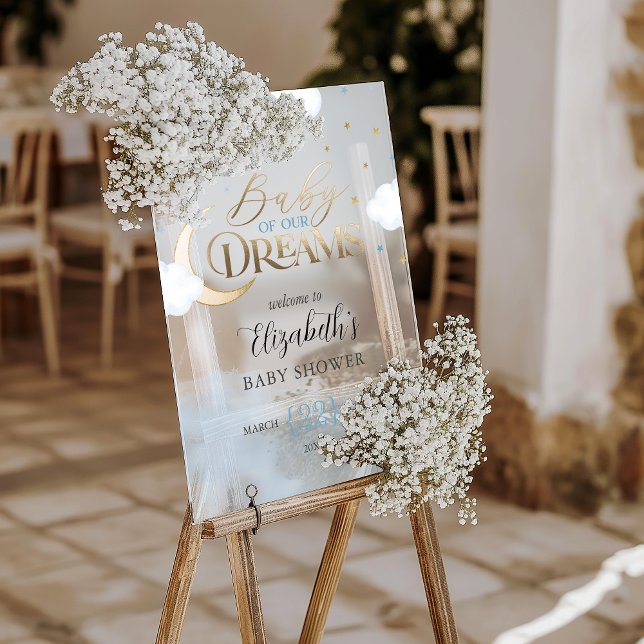 Panneau En Acrylique Blue Gold Baby of our Dreams Baby shower Bienvenue (Blue Gold Baby of our Dreams Baby Shower Welcome Acrylic Sign)