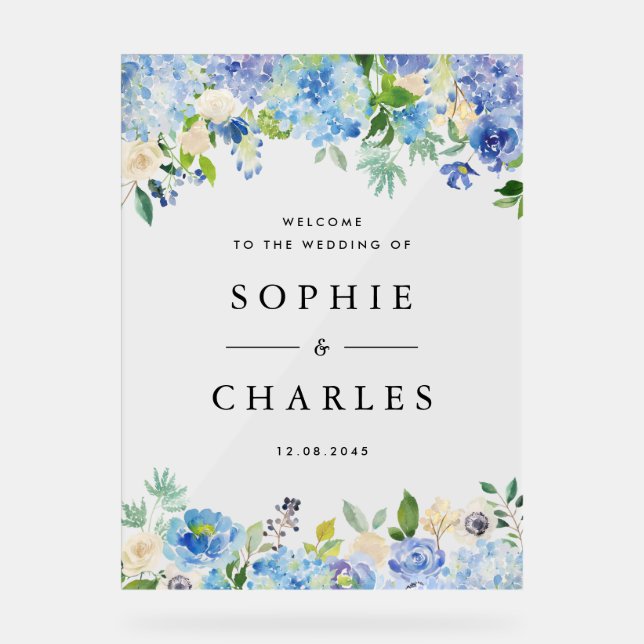 Panneau En Acrylique Blue Hydrangea et White Anemone Mariage Welcome (Recto)