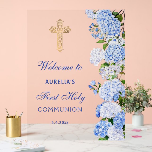 Panneau En Acrylique Blue Hydrangea First Communion Welcome (Mariage)