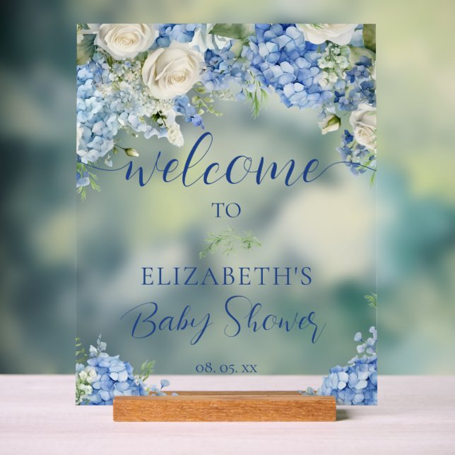 Panneau En Acrylique Blue Hydrangea Fleurs Baby shower Rose Bienvenue (Neutre)