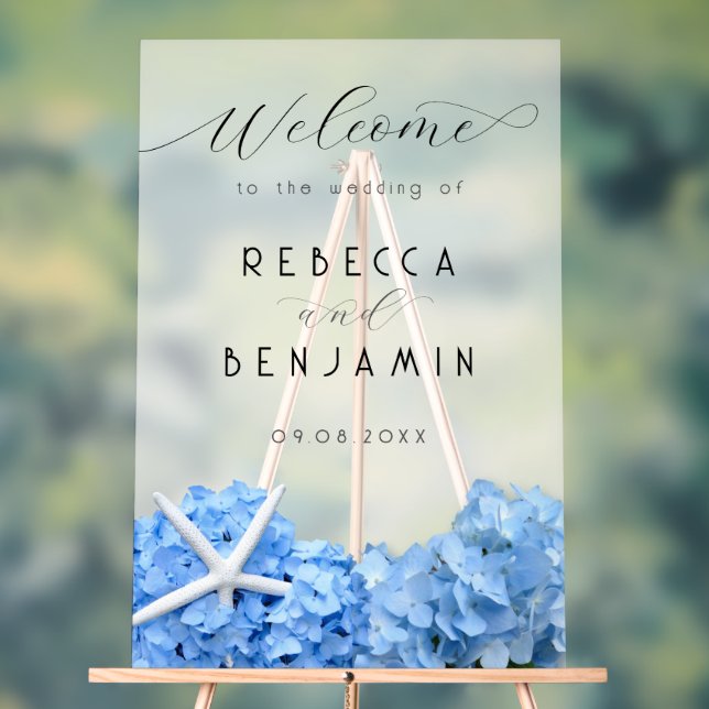 Panneau En Acrylique Blue Hydrangea Seaside Mariage Welcome Opaque (Neutre)