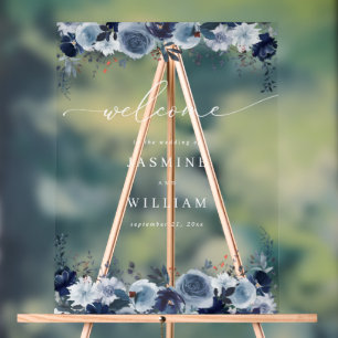 Panneau En Acrylique Blue & Navy Floral Mariage Welcome 2- Blanc