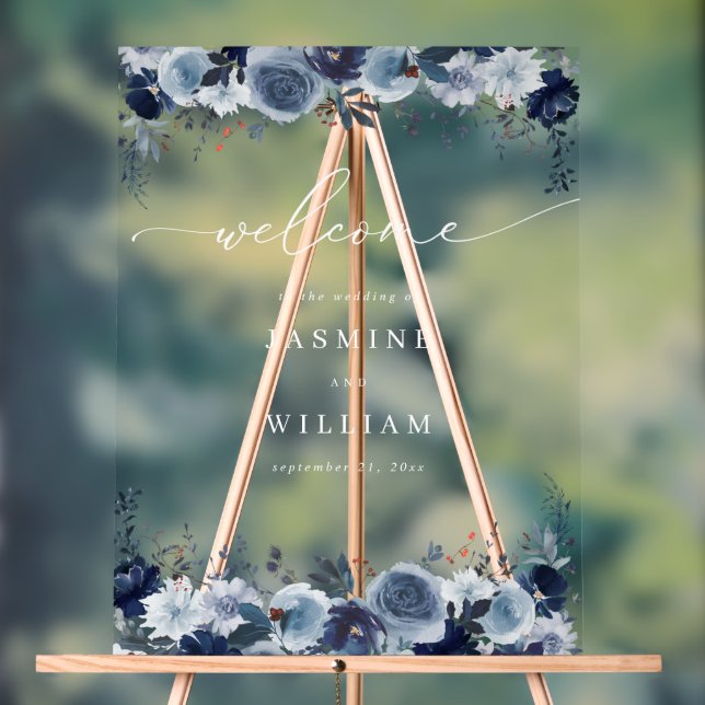 Panneau En Acrylique Blue & Navy Floral Mariage Welcome 2- Blanc (Neutre)