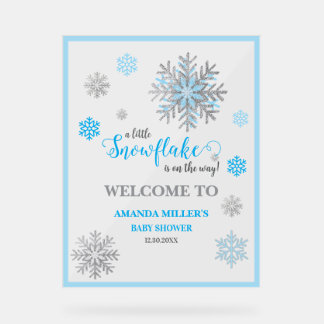 Panneau En Acrylique Blue Silver Snowflake Baby Shower Acrylic Sign 