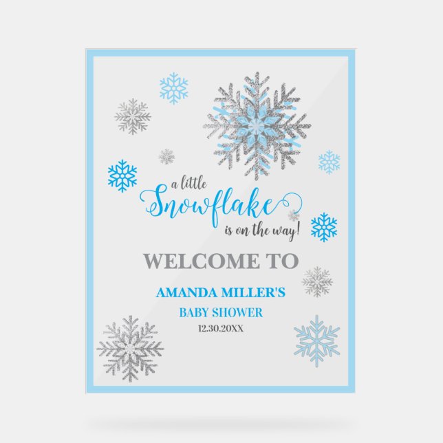 Panneau En Acrylique Blue Silver Snowflake Baby Shower Acrylic Sign  (Recto)