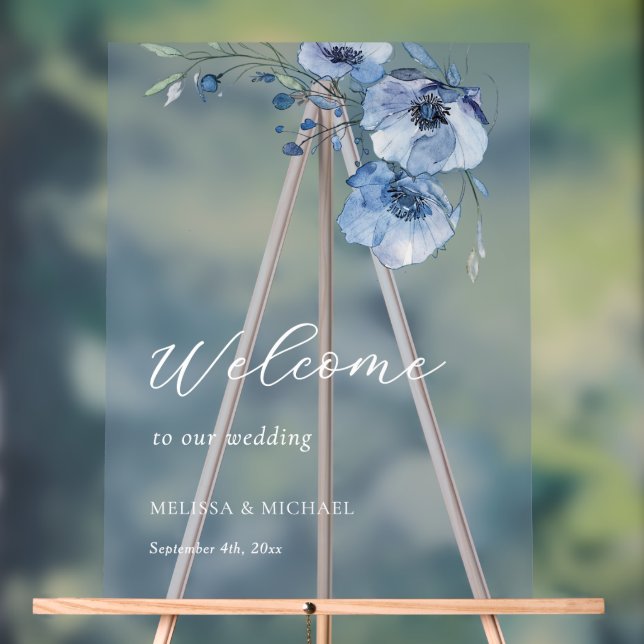 Panneau En Acrylique Blue Watercolor Flowers Wedding  Welcome (Neutre)