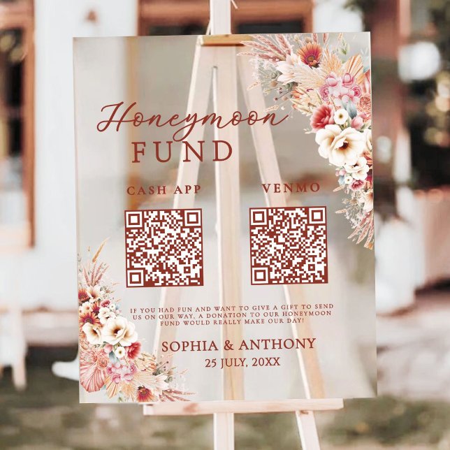 Panneau En Acrylique Blush Floral Honeymoon Fund QR Code Mariage (Créateur téléchargé)