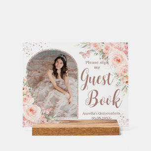 Panneau En Acrylique Blush Floral Rose Gold Quinceanera 16 Livre d'hôte