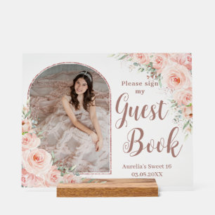 Panneau En Acrylique Blush Floral Rose Gold Quinceanera 16 Livre d'hôte