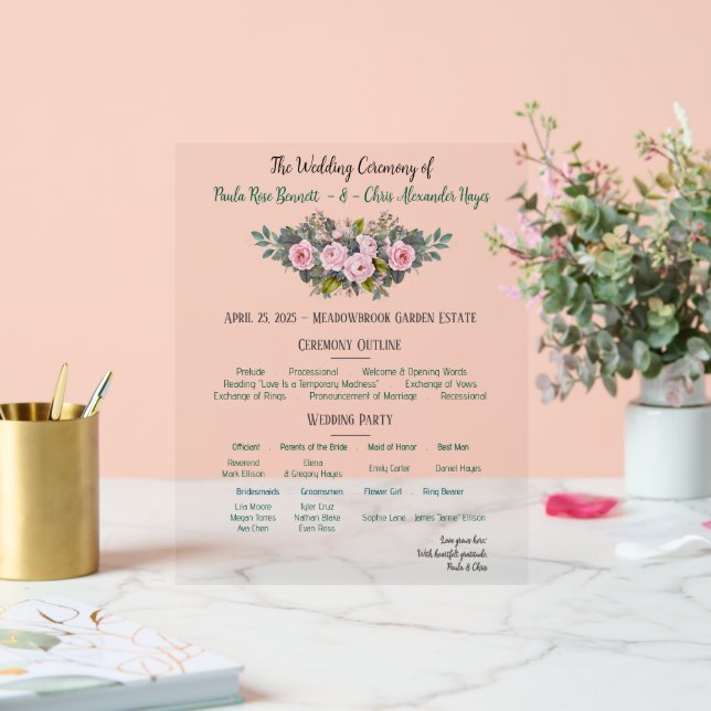 Panneau En Acrylique Blush Floral Wedding Programme (Mariage)