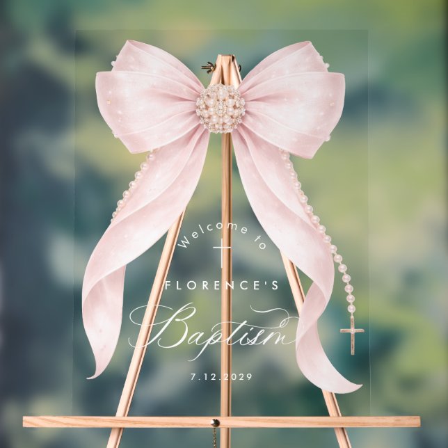 Panneau En Acrylique Blush pink Bow baby Girl Baptism Welcome (Neutre)