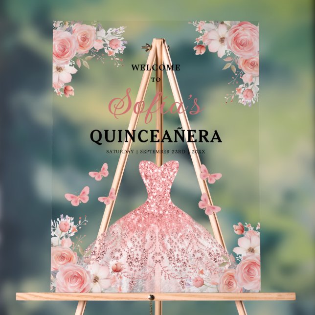 Panneau En Acrylique Blush Pink Gold Princess Quinceañera Bienvenue (Neutre)
