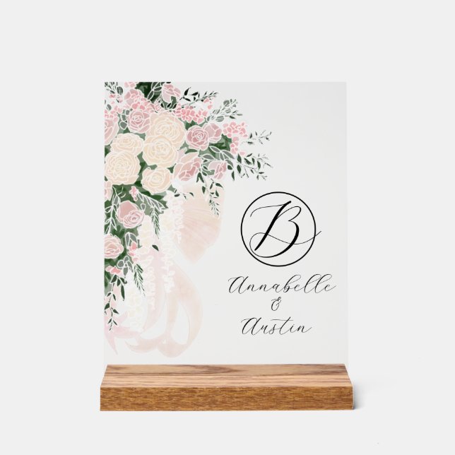 Panneau En Acrylique Blush Sheer Bow Rose Bouquet-Monogrammé (Recto)
