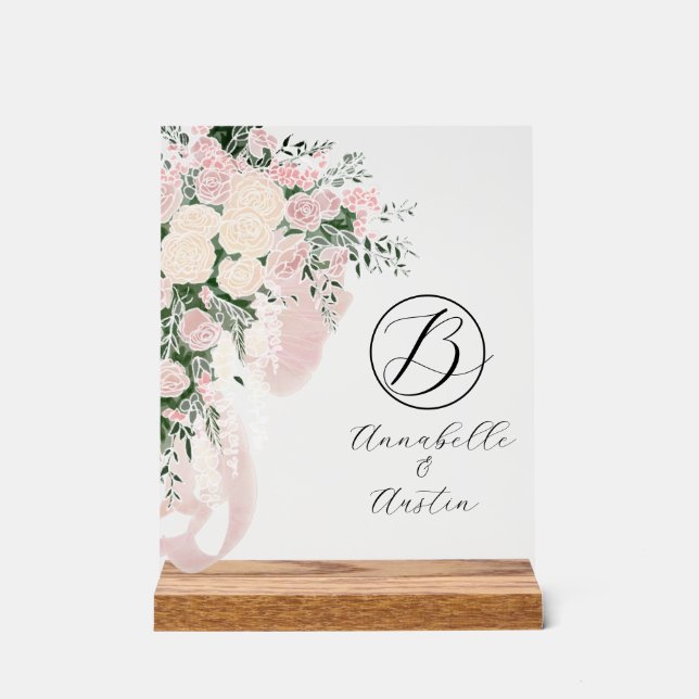 Panneau En Acrylique Blush Sheer Bow Rose Bouquet-Monogrammé (Recto)