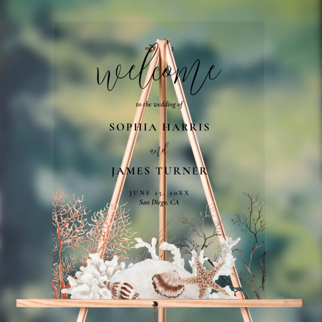 Panneau En Acrylique Boho Beach Coral Reef Mariage Bienvenue (Neutre)