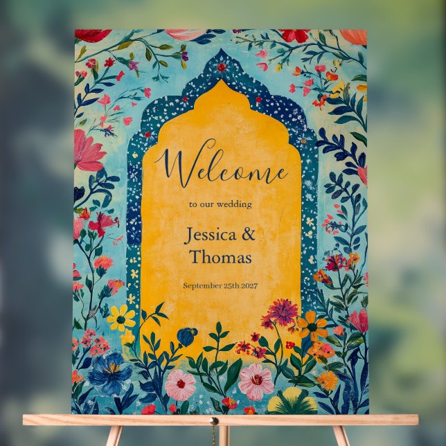 Panneau En Acrylique Boho Blue Floral Wedding Welcome (Neutre)