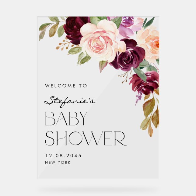 Panneau En Acrylique Boho Bourgogne et fleurs de pêche Baby shower d'au (Recto)
