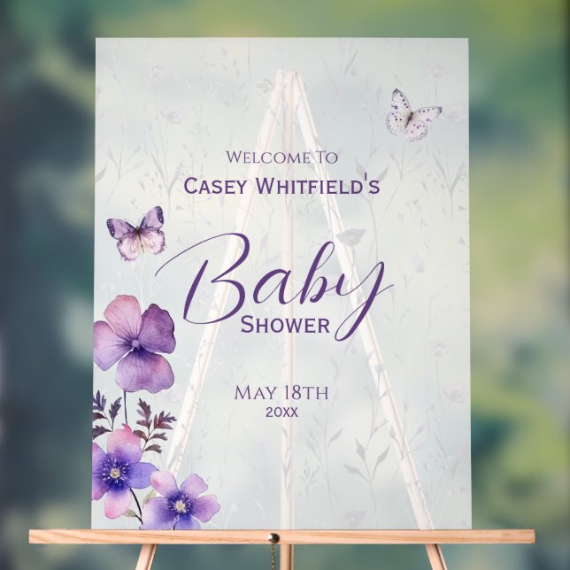 Panneau En Acrylique Boho Butterfly Purple Baby shower Floral Bienvenue (Neutre)