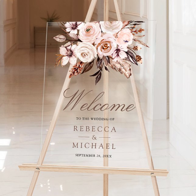 Panneau En Acrylique Boho Earthy Ivory Floral Wedding Welcome (Créateur téléchargé)