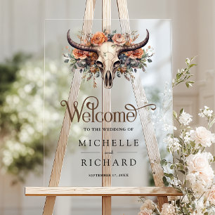 Panneau En Acrylique Boho Floral Crâne de Vache Occidental Mariage Bien