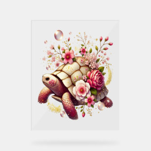 Panneau En Acrylique Boho Floral Tortue de mer rose Fleur