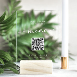 Panneau En Acrylique Boho Modern QR Code Blanc Clear Mariage Menu