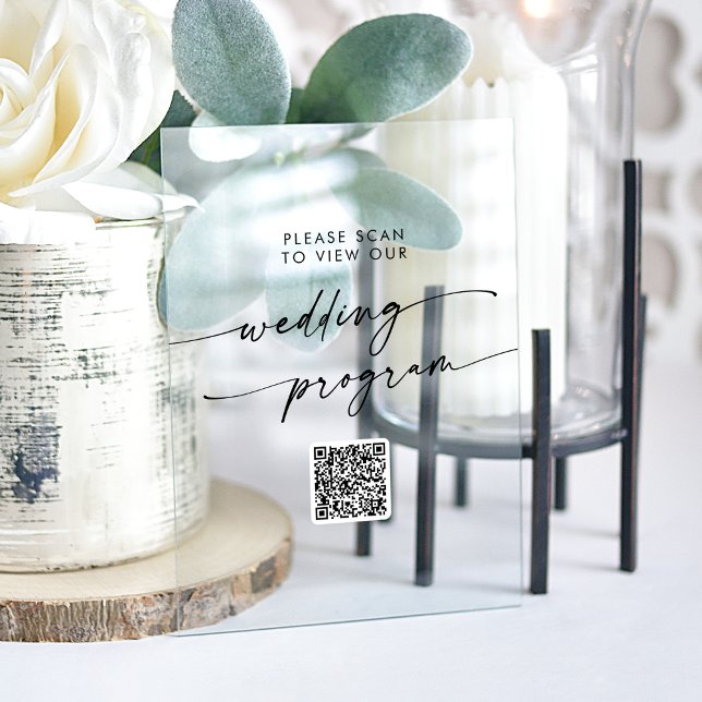 Panneau En Acrylique Boho Modern QR Code Clear Acryllique Programme de  (Boho Modern QR Code Clear Acrylic Wedding Program Acrylic Sign)