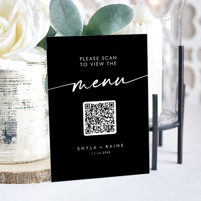 Panneau En Acrylique Boho Modern QR Code Menu Mariage noir (Boho Modern QR Code Black Wedding Menu Acrylic Sign)