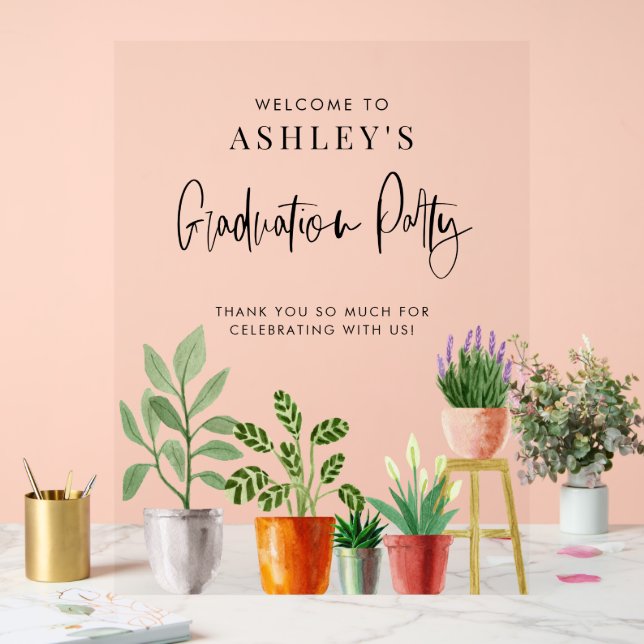 Panneau En Acrylique Boho Poted Houseplants Graduation Party Bienvenue (Mariage)