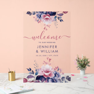 Panneau En Acrylique Boho Purple Summer Garden Floral Mariage Bienvenue
