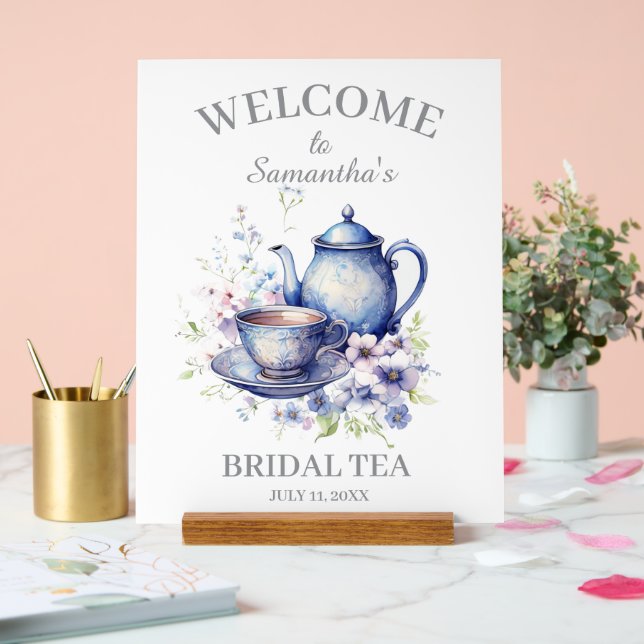 Panneau En Acrylique Boho Tea Pot Floral Blue Bridal Shower Tea Party (Mariage)