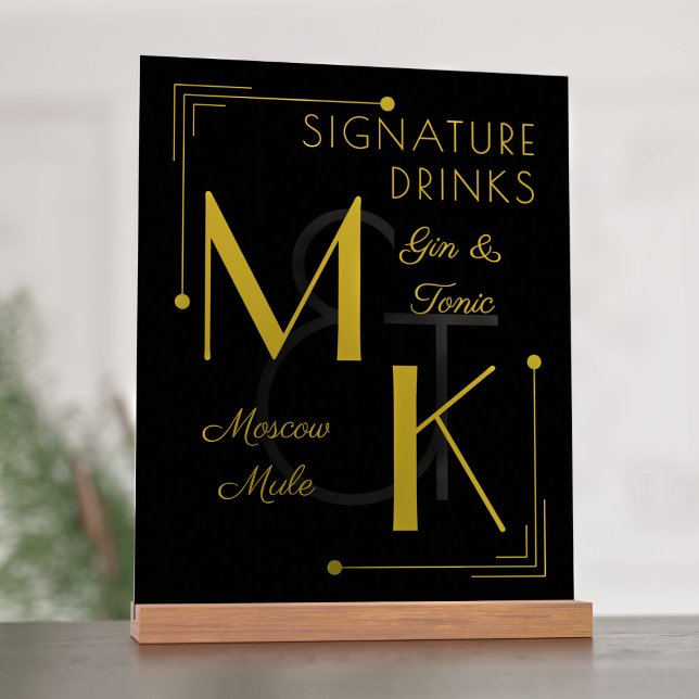 Panneau En Acrylique Boissons de signature Art Déco Mariage années 20 (Just add your initials and signature drinks to this roaring 20s inspired acrylic sign)