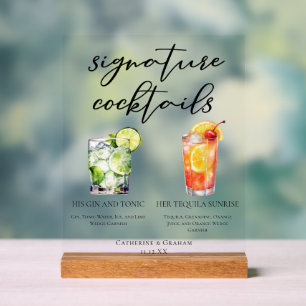 Panneau En Acrylique Boissons Gin et Tonic Tequila Sunrise His & Hers C