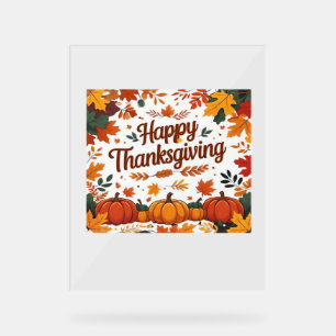 Panneau En Acrylique Bon thanksgiving - Citrouilles d'automne et feuill